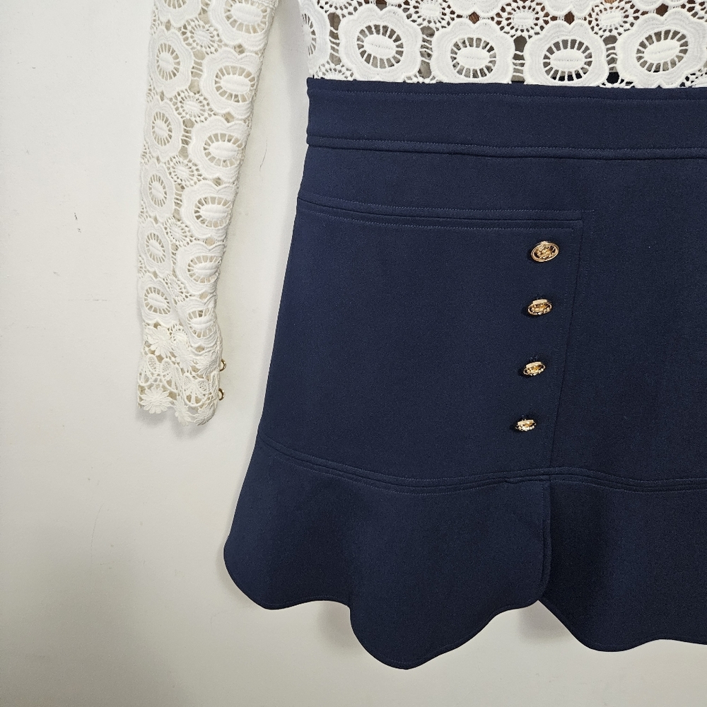 Self-Portrait White Guipure Lace A-Line Mini Dress Sz 2 White Navy Blue - Picture 4 of 13